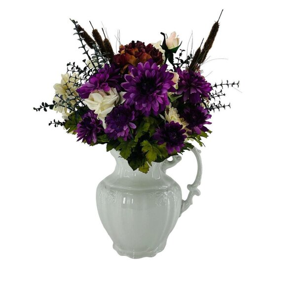 Artificial Flower Purple Pink Multi Bouquet Roses Mums Hydran Cattail Clematis - Picture 3 of 16